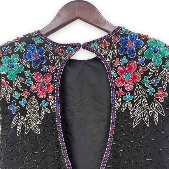 Vintage 80s Silk Embroidered Sequinned Cocktail Dress Size M - Picture 6 of 6